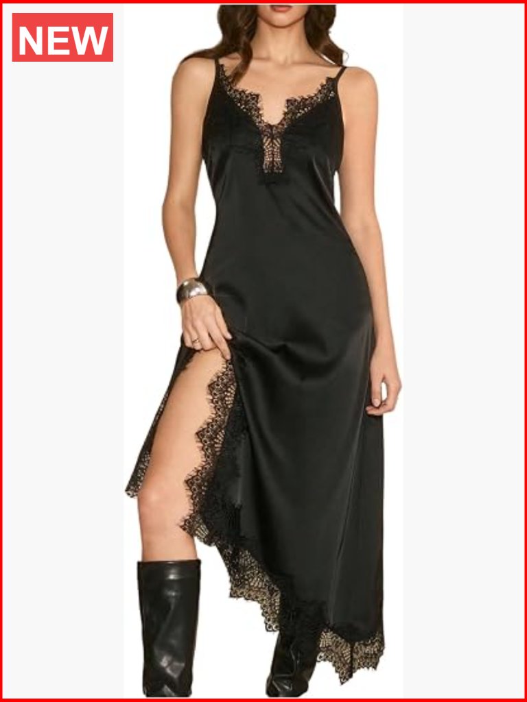 Women's Satin Lace Trim Long Slip Dress Spaghetti Strap Asymmetrical Slit Cami